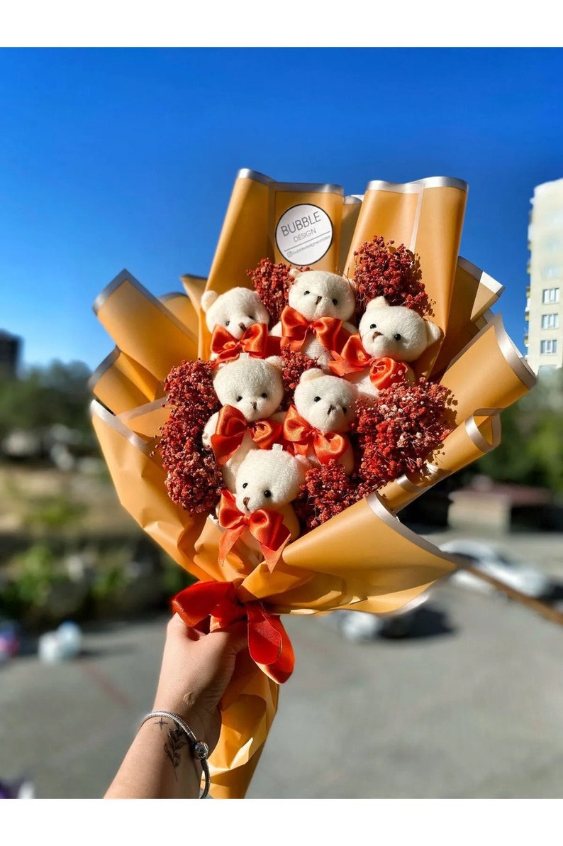 Teddy Bear Flowers, Plush Teddy Bear Flower Bouquet, Love Teddy Bear Flower Bouquet Orange