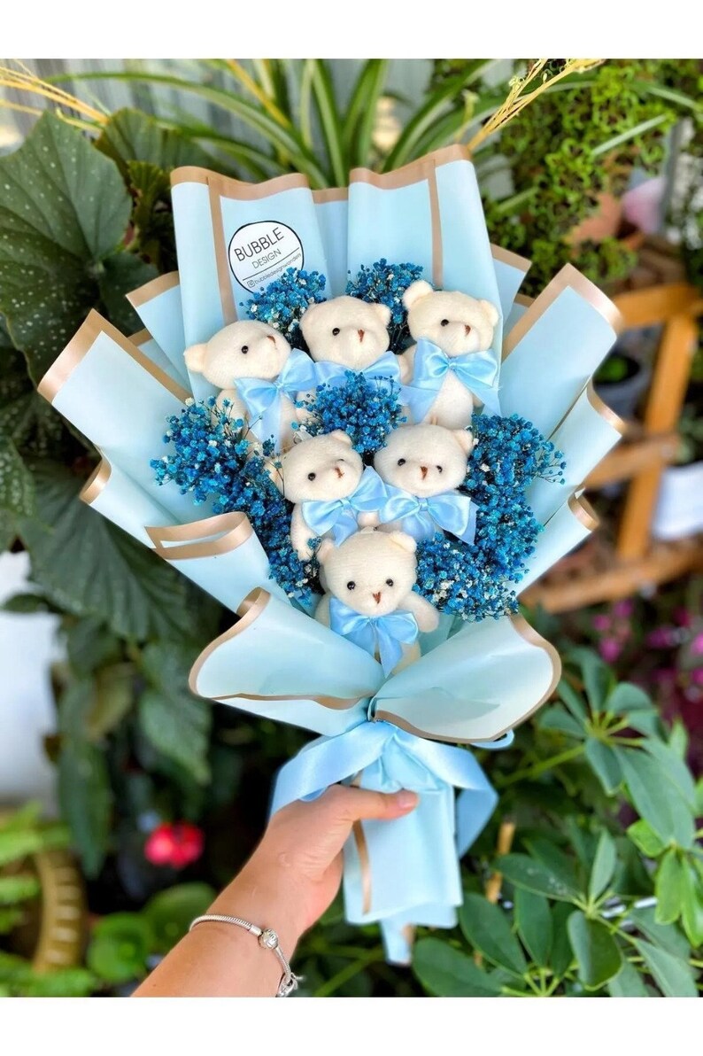 Teddy Bear Flowers, Plush Teddy Bear Flower Bouquet, Love Teddy Bear Flower Bouquet Blue