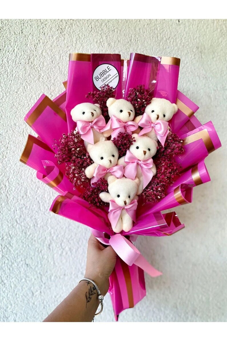 Teddy Bear Flowers, Plush Teddy Bear Flower Bouquet, Love Teddy Bear Flower Bouquet Pink