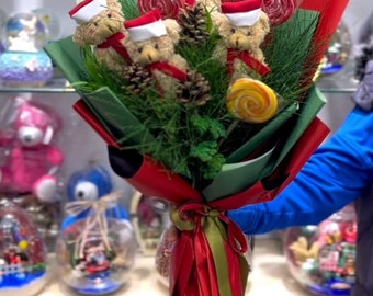Weihnachtsteddybär-Blumensträuße, Weihnachtsplüsch-Teddybär-Blumenstrauß, Hirsch-Weihnachtsteddybär-Blumen, Weihnachtsgeschenk, Geschenk für sie