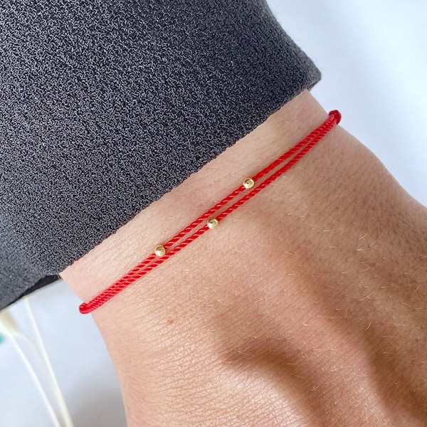 14k solid gold three Wish bracelet - silk cord red wish kabbalah - birthday gift for her - for friendship and protection - evil eye