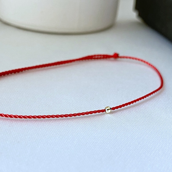 14k gold diamond cut red string bracelet - evil eye -  silk cord kabbalah - string of fate - solid gold jewelry - waterproof gift