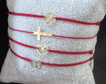 14k solid gold cross heart lucky clover butterfly - silk cord red string bracelet - waterproof silk string - christening baptism gift