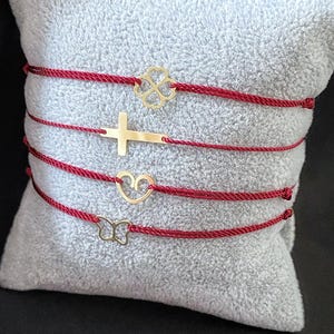14k solid gold cross heart lucky clover butterfly - silk cord red string bracelet - waterproof silk string - christening baptism gift