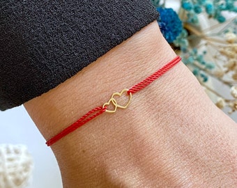 Bracciale a cuore in oro massiccio 14k - braccialetto in corda di seta rossa - gioielli in oro per compleanno - regalo impermeabile - amore delle sorelle