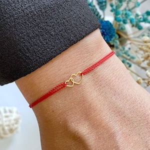 14k Solid gold heart armband - silk red string bracelet - birthday gold jewelry - waterproof gift - sisters love