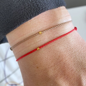 18k Gold Tube Red Silk Cord Bracelet - Waterproof Minimalist Jewelry