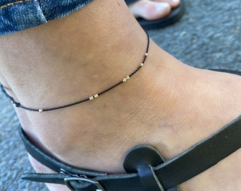 Bracelet de cheville en or 14 carats noir - bracelet de cheville en cordon de soie noir - or massif - bracelet de cheville en soie pour lui et elle - décoration de pied