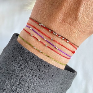 14k white gold tube red string bracelet - silk cord red string bracelet - solid gold jewelry - waterproof silk string bracelet
