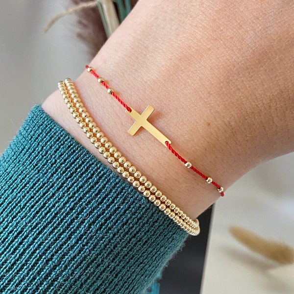 gold cross 14k solid cross - macrame closure silk cord red string bracelet - waterproof - baptism christening gift