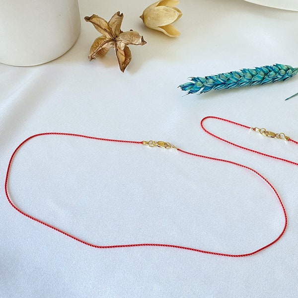 Red string choker - gold necklace - bridesmaids gift - silk necklace - silk cord - Good luck - evil eye