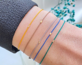 14k gold tube red string bracelet - gift for her - solid gold jewelry - waterproof silk string bracelet