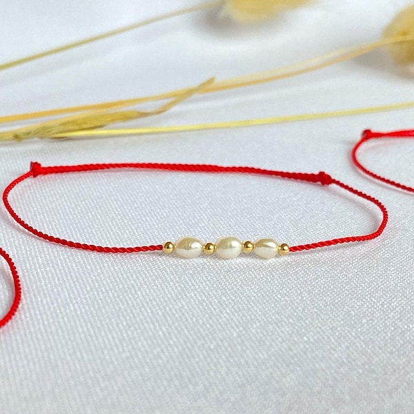 Bracciale in oro 14k e perle - braccialetto in corda rossa - perline in oro 14k - kabbalah - cordone di seta - filo del destino - regalo di nozze e damigelle d'onore