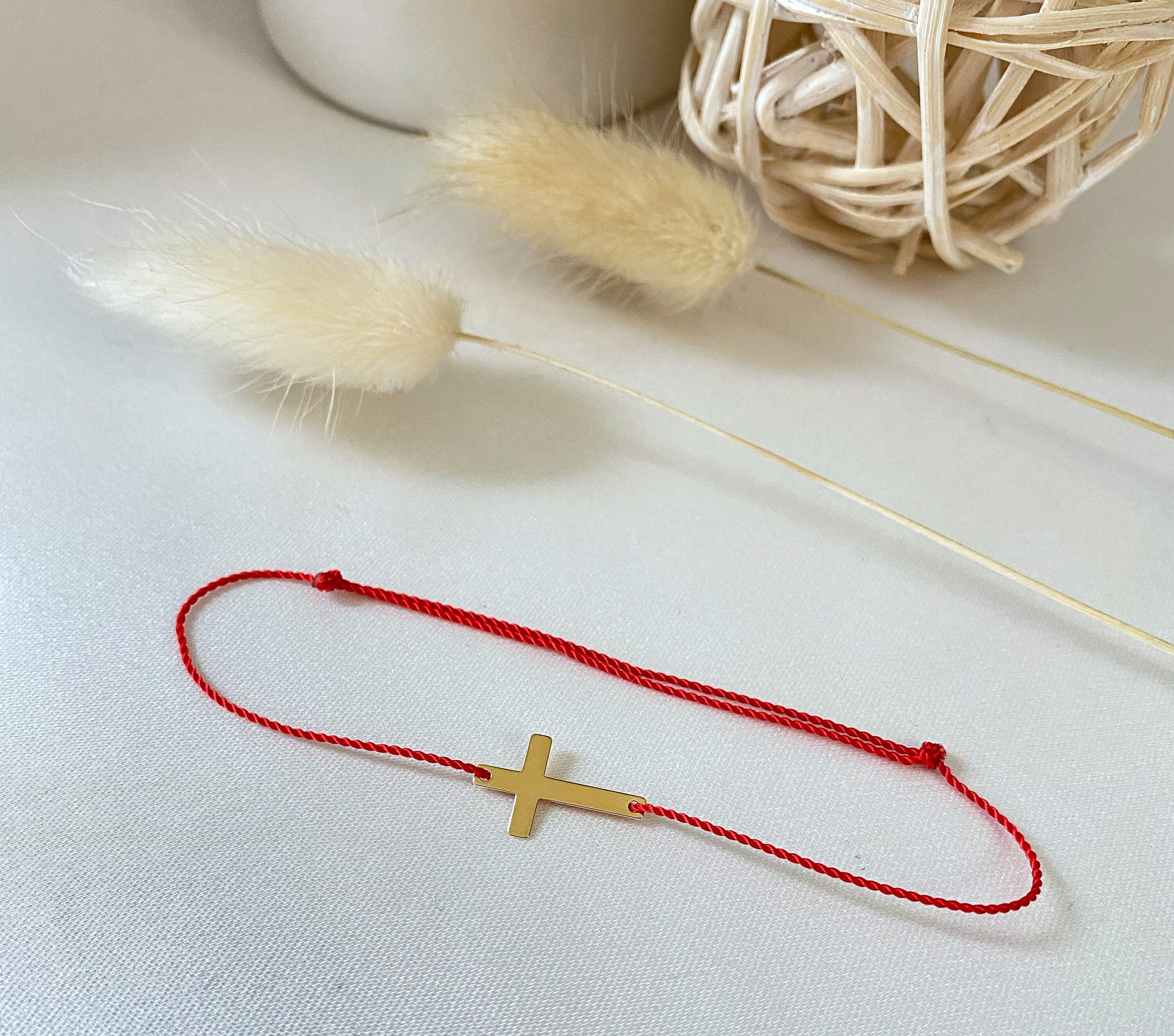 14k Solid Gold Cross Baptism Gift Silk Cord Red String Bracelet