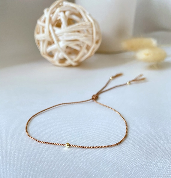 14k Gold Red String Bracelet Silk Cord Beige String Bracelet Solid