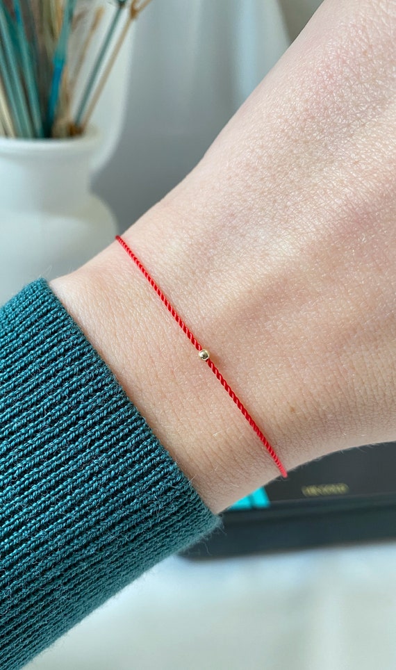 Simple Red String Bracelet with 14K Gold Bead 14K Rose Gold / Green