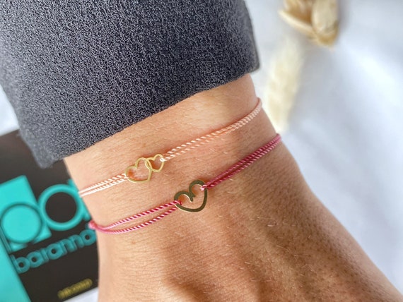 14k Solid Gold Heart Silk Cord Red String Bracelet Birthday Gold