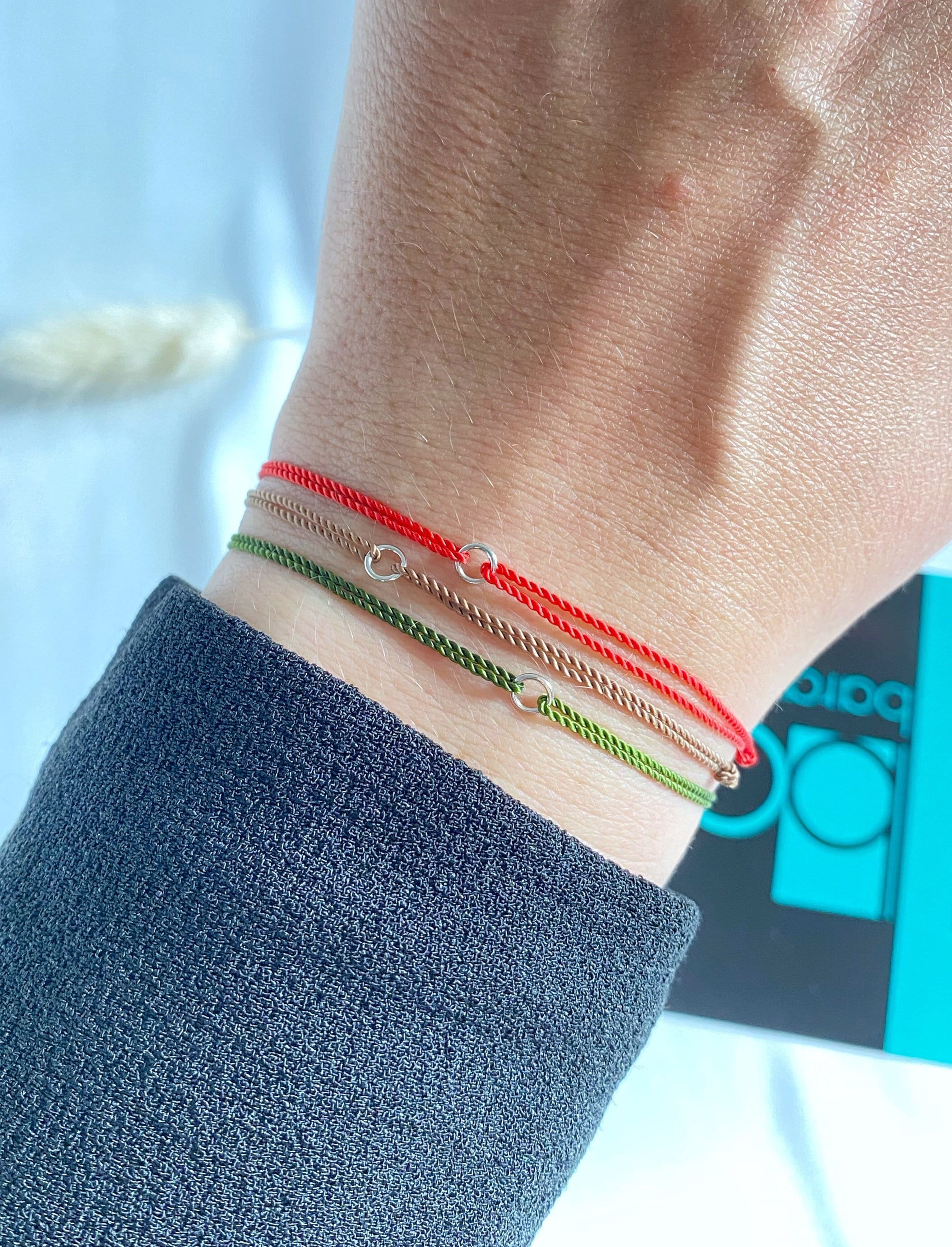 14k white gold or sterling silver circle karma silk bracelet - red string bracelet - waterproof string - for her and him - gold filled charm