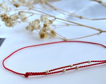 Red String of fate - 14k solid gold cut three Wish bracelet - silk cord kabbalah - birthday gift - for friendship and protection - evil eye
