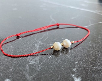 Red string Kabbalah pearl bracelet - dainty pearls - 14k gold beads - bridesmaids gift - silk cord - birthday gift