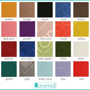 May include: A color chart with 18 different fabric swatches, each labeled with a color name. The colors include amber, beige, black, blue, brown, dark pink, purple, light pink, coral, yellow, garnet, dark blue, jade green, olive, white, green, grey, baby blue, lilac, and red.