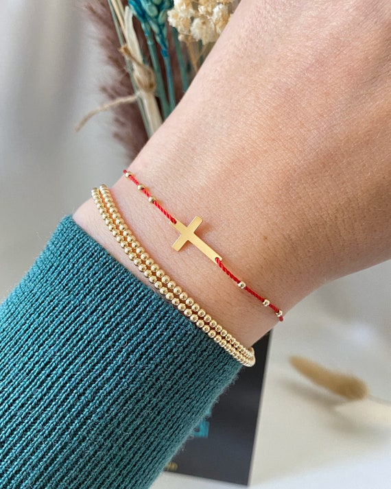14k Solid Gold Cross Baptism Gift Silk Cord Red String Bracelet