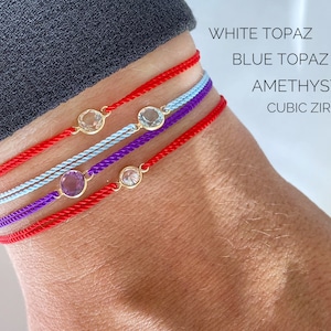 Diamond cut CZ bracelet - amethyst blue topaz white topaz- red string of fate - waterproof silk string - Kabbalah - gift for her