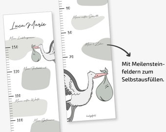 Messlatte Storch | mit Meilensteinen zum Ausfüllen | personalisiert | PVC Folie (wisch- und reißfest) | neutral für Junge oder Mädchen