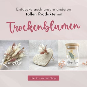 Crossmediales Werbebild für Ostergeschenke. Drei Bilder nebeneinander. Links: Trockenblumenstrauß, Mitte: personalisiertes Holzherz mit Reagenzglas mit Trockenblumen, Rechts: Geschenkglas mit  Trockenblumenstrauß