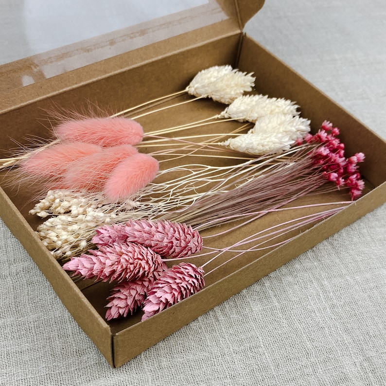 DIY Trockenblumen Box klein Rosa Pink Naturtöne Grün Blau Rot Pink/Weiß