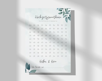 Countdown Hochzeit "Greenery" | Personalisiert mit Namen und Datum | Verlobungsgeschenk Brautpaar