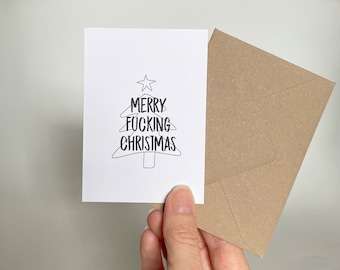 Lustige Weihnachtskarte merry fucking christmas Text Illustration inklusive Kraftpapier Umschlag DIN A5 A7 XL XS