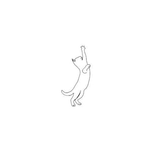 May include: A minimalist line drawing of a cat reaching upwards. The cat is depicted in a playful pose, with its front paws raised and its body arched. The artwork is in black against a white background.