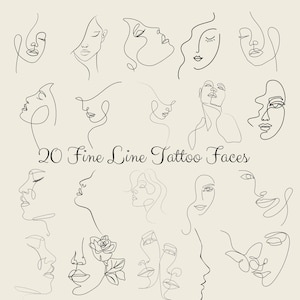 Peut inclure: Une collection de 20 dessins de visages de tatouages ​​au trait fin à l'encre noire. Les visages sont représentés dans un style minimaliste, en trait continu, présentant divers profils et expressions. Le texte "20 Fine Line Tattoo Faces" est centré en dessous.