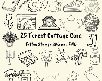 Fineline Cottagecore SVG PNGバンドル – 気まぐれな森のクリップアート – Flashタトゥーデザイン – Cricut & Silhouette Cutファイル – DIYクラフトデジタル