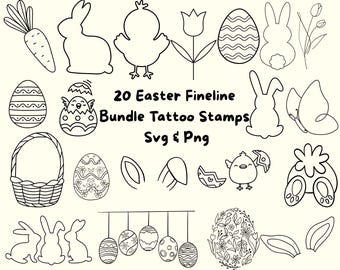 イースターの細線SVGバンドル | ミニマルなウサギと卵の線画 | フラッシュタトゥーデザイン | Cricut SVGファイル | イースタークリップアートPNG | フラッシュタトゥー
