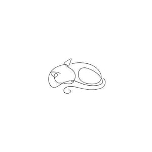 May include: A minimalist black line drawing of a curled-up cat on a white background. The artwork features a continuous line, creating a simple yet elegant representation of a sleeping feline. The design is suitable for various applications.
