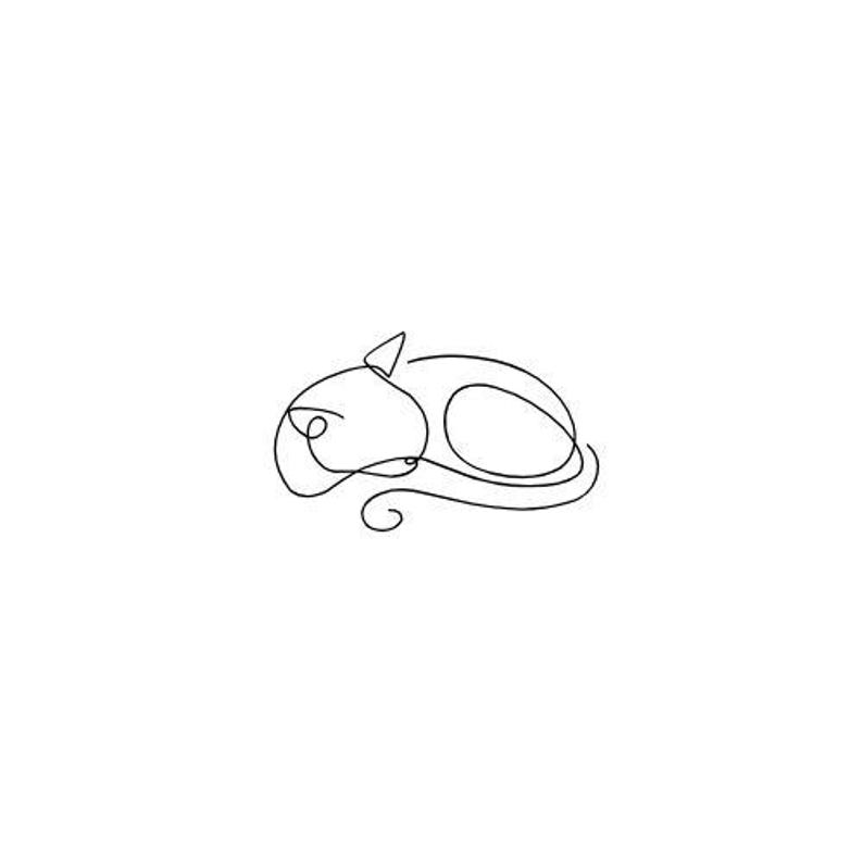 May include: A minimalist black line drawing of a curled-up cat on a white background. The artwork features a continuous line, creating a simple yet elegant representation of a sleeping feline. The design is suitable for various applications.