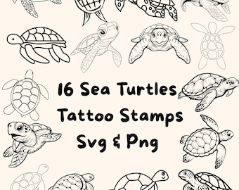 ウミガメの細線 SVG バンドル | 16 種類のミニマルなウミガメのデザイン | Flash タトゥー SVG | ウミガメのクリップアート PNG | Cricut およびシルエット ファイル |