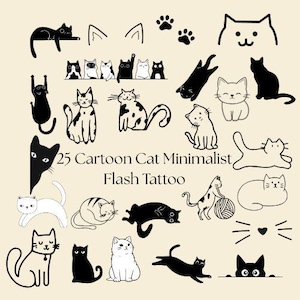 May include: A collection of minimalist cartoon cat designs in black and white. The image includes various cat poses, paw prints, and cat ear outlines. Text reads "25 Cartoon Cat Minimalist Flash Tattoo".