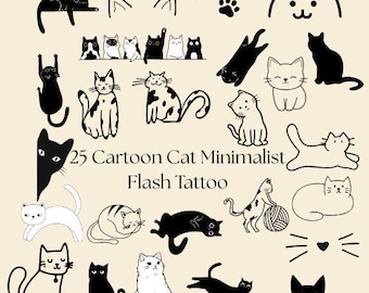 かわいい漫画猫フラッシュタトゥーSVG | 面白い猫PNGクリップアート | かわいい猫線画 | すぐにダウンロード | Cricut & シルエットファイル | DIYクラフト