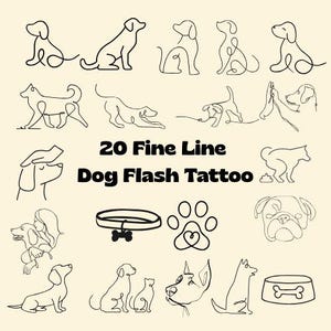 Könnte beinhalten: Eine Sammlung von 20 feinen Linien-Hunde-Flash-Tattoos in schwarzer Tinte. Die Designs umfassen verschiedene Hunderassen und -posen, einen Pfotenabdruck mit einem Herzen und einen Hundenapf. Der Text "20 Fine Line Dog Flash Tattoo" ist ebenfalls enthalten.