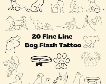 細線犬フラッシュタトゥーセット | ミニマリスト犬タトゥー PNG & SVG ファイル | タトゥー、ステッカー、クリカット、クラフト用のデジタルダウンロード