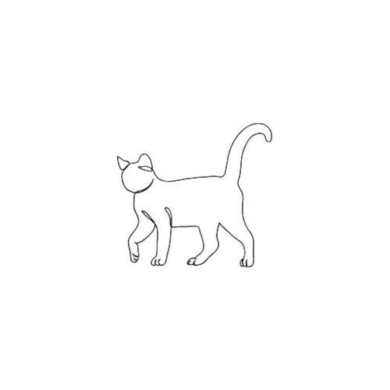 May include: A minimalist line drawing of a cat in a walking pose. The artwork is rendered in a single continuous black line against a white background, showcasing the cat's silhouette and features.