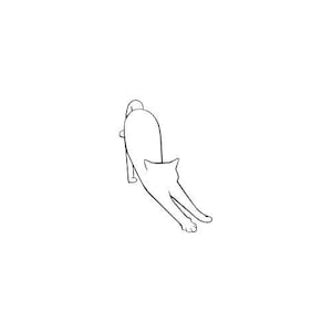 May include: A minimalist black and white line drawing of a cat stretching. The cat is depicted from the back, with its body arched and front paws extended, suggesting a playful or relaxed pose. The artwork is simple and elegant.