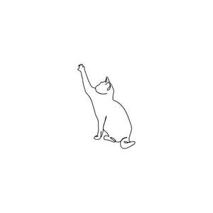 May include: A minimalist line drawing of a cat reaching upwards with its paw extended. The black outline of the cat is set against a clean white background, creating a simple and elegant design.