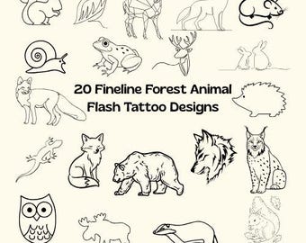 森の動物フラッシュタトゥー＆クリップアートバンドル | 森の動物 SVG PNG | キツネ 鹿 クマ ファインラインアート |