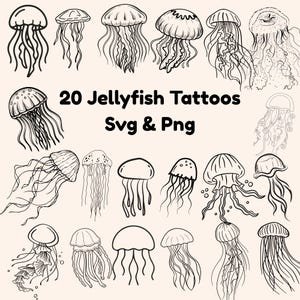 May include: A collection of 20 jellyfish tattoo designs in black and white. The jellyfish vary in style, with detailed line art and simple outlines. Text reads "20 Jellyfish Tattoos Svg & Png".