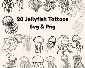 細線クラゲ SVG PNG | ミニマルアウトラインクラゲクリップアート | Flashタトゥーステンシルデザイン | Cricut & Silhouette Cutファイル | 昇華転写