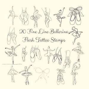 Puede incluir: Una ilustración con 20 sellos de tatuajes flash de bailarina de línea fina. La imagen presenta dibujos lineales de bailarinas, zapatillas de ballet y lazos, todos en tinta negra sobre un fondo crema. El texto dice "20 Fine Line Ballerina Flash Tattoo Stamps."